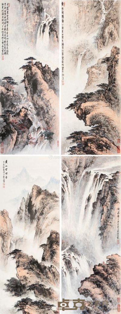 裴希明 黄山飞瀑图 67×26cm×4