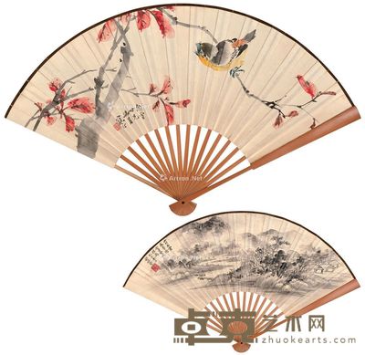 江寒汀 俞子才 红叶小鸟图·山水 42×15cm