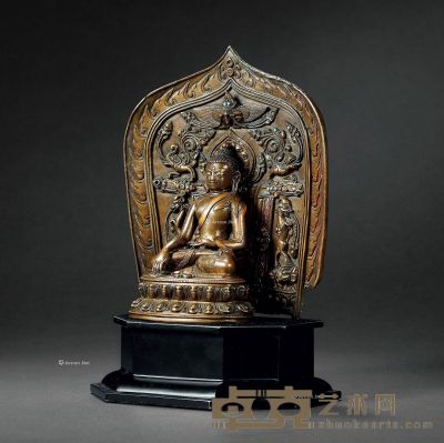 15世纪 合金铜释迦坐像带背光（嵌金嵌银嵌红铜） 高21.7cm
