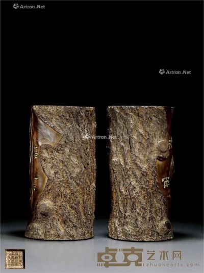 清末民国 钦州窑仿根雕树桩形花插 （一对） 29×15cm×2
