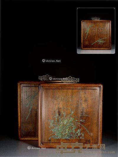 清中期 子冶刻黄花梨填青兰竹诗文图挂屏 （一对） 含外框49.5×48×2.6cm×2