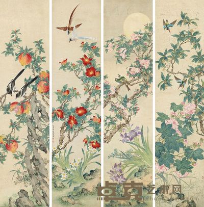 屈兆麟 花鸟 133×33cm×4