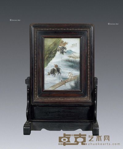 伍德彝 大理石绘山水人物插屏 石画尺寸32×22cm;总高60cm