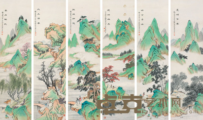 黄山寿 仿古青绿山水六屏 177×47cm(6)69.69×18.5in(6)约7.49平尺每幅