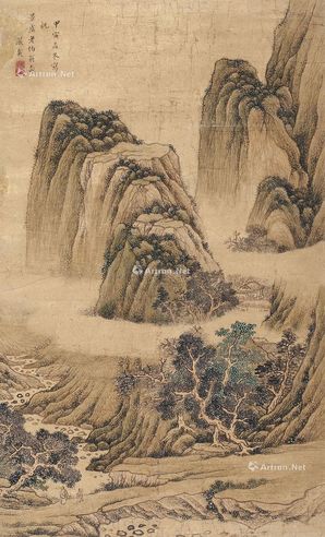 严载 1674年作 山水 轴 设色笺本