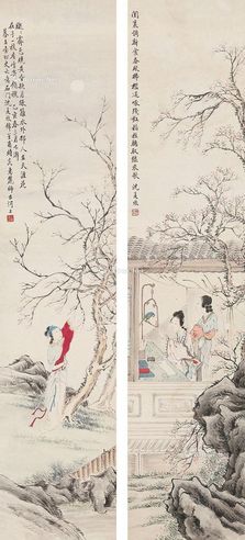 沈夏烺 乙亥（1875年）作 仕女 对屏立轴 设色纸本