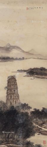 鲍少游 民国十年（1930年）作 西湖雨后图 立轴 设色绢本