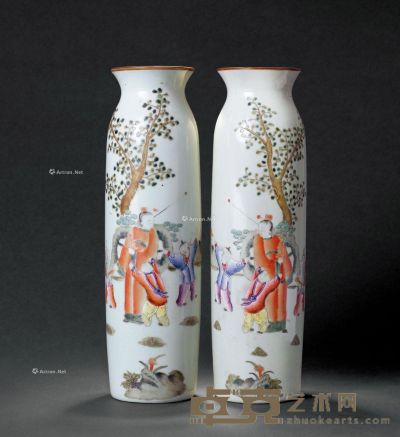 清代 粉彩诗文“江山一统”瓶（对瓶） 高29cm×2