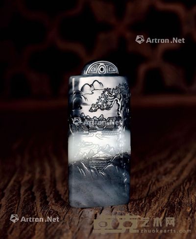姚圣国 和田玉青花籽料山水牌 7.0×3.1×1.0cm