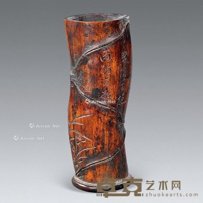 清晚期 兰花诗文竹笔筒 口径5cm；宽13.3cm