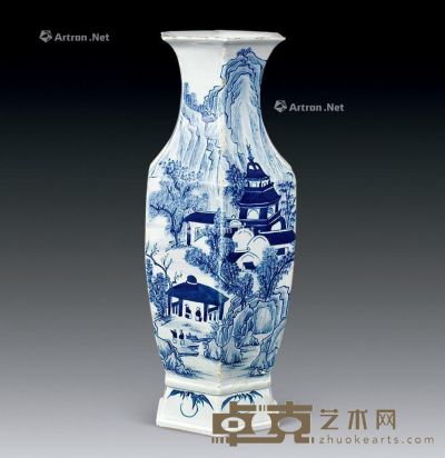 清代 青花山水楼阁纹六方瓶 高39.6cm