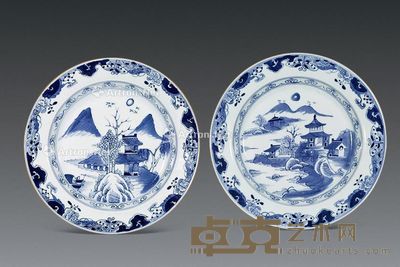 青花山水楼阁纹盘 (一对) 高2.4×径22.5cm