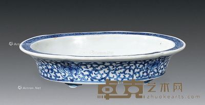 清代 青花缠枝莲海棠形水仙盆 高4.4×19.6×14.3cm