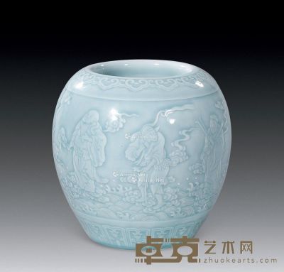清代 天青釉刻瓷八仙纹罐 高16.5cm