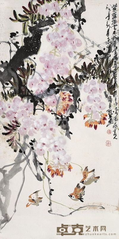 陈再干 紫藤小鸟图 立轴 105×53cm