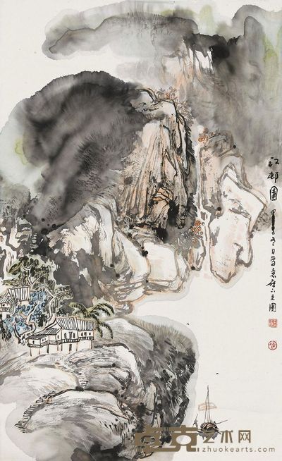 陈玉圃 江邨图 立轴 82×50cm