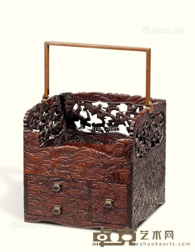 紫檀刻海水镂雕飞雀纹铜错银提梁茶器 长18.2cm;宽18.2cm;高27.7cm