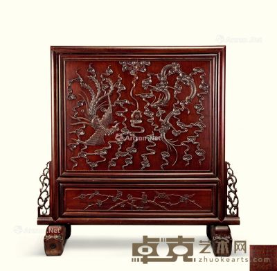 清代（1644-1911年） 红木龙凤呈祥诗文座屏 宽119cm；高118.3cm