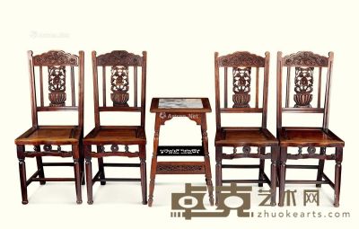 清代（1644-1911年） 红木雕花椅 花几 （五件一组） 尺寸不一