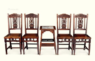清代（1644-1911年） 红木雕花椅 花几 （五件一组）