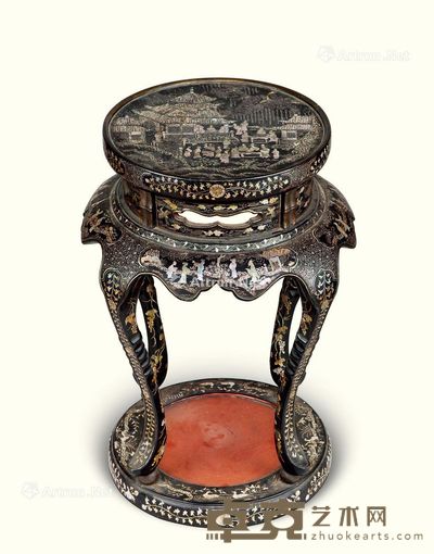 明代（1368-1644年） 黑漆嵌螺钿人物故事纹花几 高57.5cm