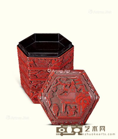 明代（1368-1644年） 剔红松下髙士花卉纹六角四层盖盒 高16.7cm