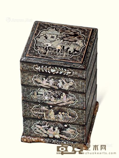 明代（1368-1644年） 大漆嵌螺钿人物故事纹四层四方盖盒 长13.1cm；宽13.1cm；高20.2cm