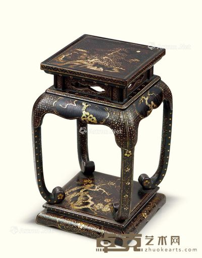 清代（1644-1911年） 大漆嵌螺钿山水楼阁纹香几 长22cm；宽21.8cm；高35.8cm