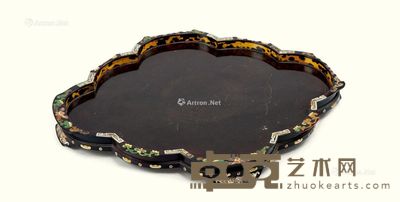 清雍正（1723-1735年） 紫檀嵌百宝漆地海棠形文盘 长44cm；宽37cm；高4cm