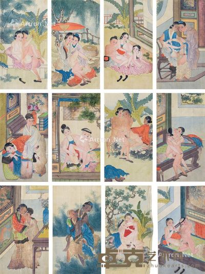 清代（1644-1911年） 春宫图 （十二枚） 长19cm；宽10.3cm