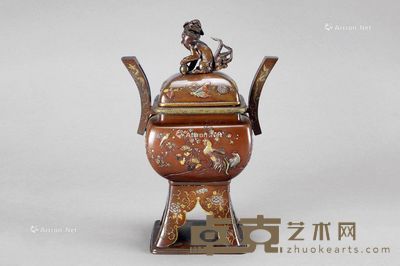 铜错金银花鸟纹双耳狮钮香炉 高24cm