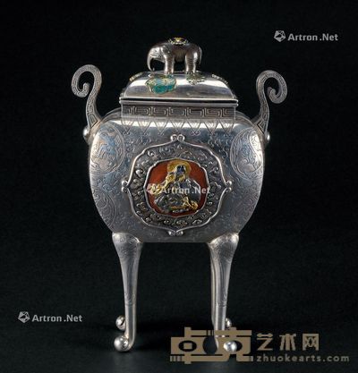 银错金开光文殊菩萨 普贤菩萨纹双耳四足香炉 高16.1cm；重326g
