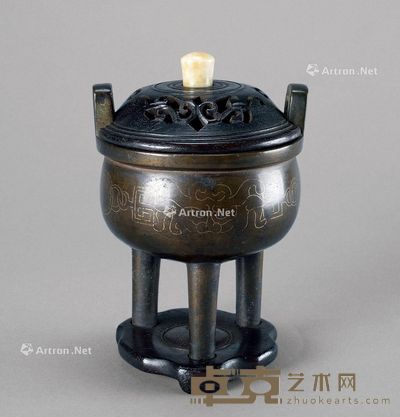 清代(1644-1911年) 铜错银饕餮纹鼎式香炉 宽8.4cm;高10.7cm