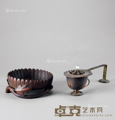 清代(1644-1911年) 竹刻菊瓣纹盆 铜花卉纹香炉 (二件一组) 尺寸不一