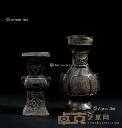 明代（1368-1644年） 锡双耳花觚 铜回纹瓶 （二件一组） 尺寸不一