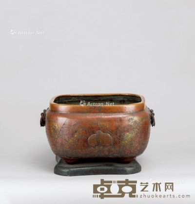 19世纪 铜花鸟纹火盆 通髙29.1cm