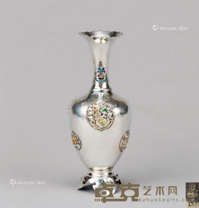 银烧蓝团花纹花口花插 高16cm;重128g
