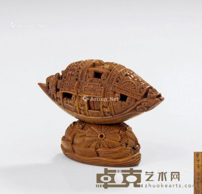 清道光（1821-1850年） 核雕刻诗文舟摆件 长4.3；通髙:3.3cm
