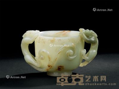 明代(1368-1644年) 青白玉双螭龙耳杯 宽11.8;高6.9cm