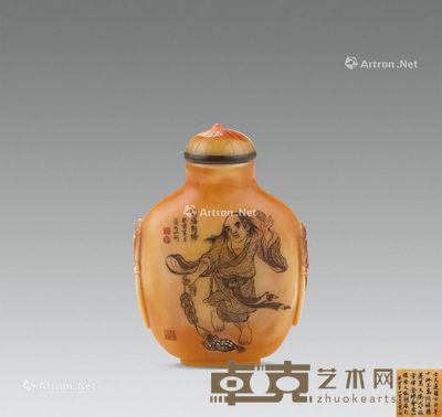 清代(1644-1911年) 区越山刻鹤顶红刘海戏蟾鼻烟壶 高6.8cm