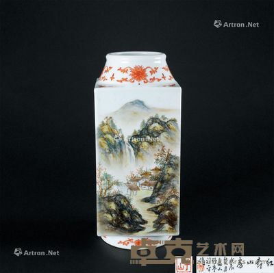 粉彩红树山房纹四方瓶 高28.7cm