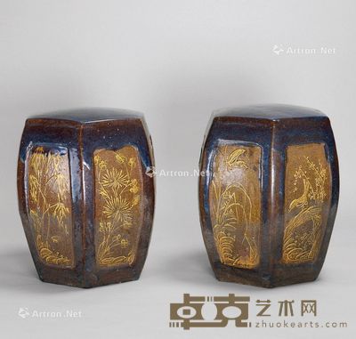 民国（1912-1949年） 紫砂胎窑变釉开光花卉纹六角墩 （一对） 高39.5cm