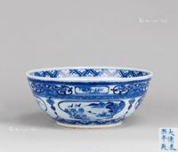 清康熙（1662-1722年） 青花开光山水花鸟人物纹大碗