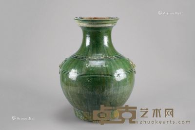 汉代（B.C.206-A.D.220年） 绿釉弦纹双铺兽耳瓶 高37cm