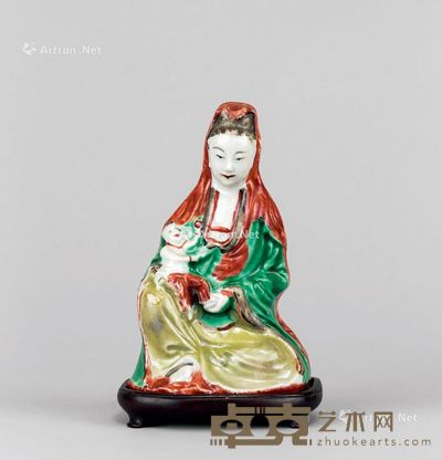 清代(1644-1911年) 红绿彩送子观音座像 高14.5cm