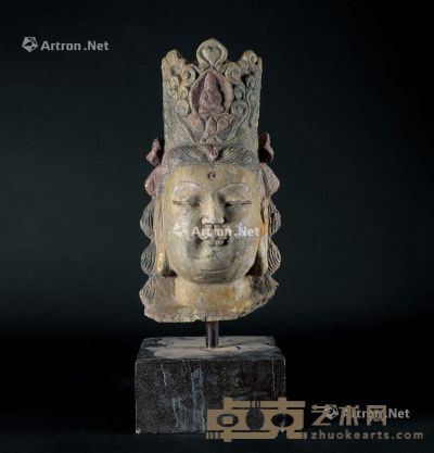 唐代（618-907年） 石雕加彩佛首 高42cm
