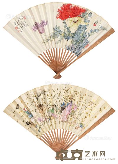 花卉 春宫 成扇 设色纸本 19×50.5cm×2
