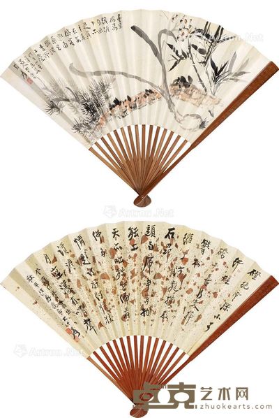 岁寒三友 书法 成扇 水墨/设色纸本 19×51cm×2