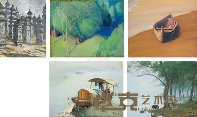 暮春 泊船 寂静 少林佛塔 山湖 油画 （五幅） 尺寸不一