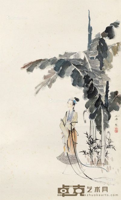 胡也佛 蕉下仕女 44×26cm